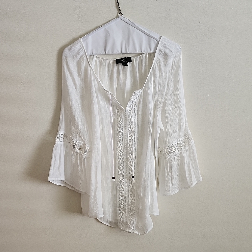 BCX Peasent Top White Tie Front Ruffled Blouse Womens Large Boho